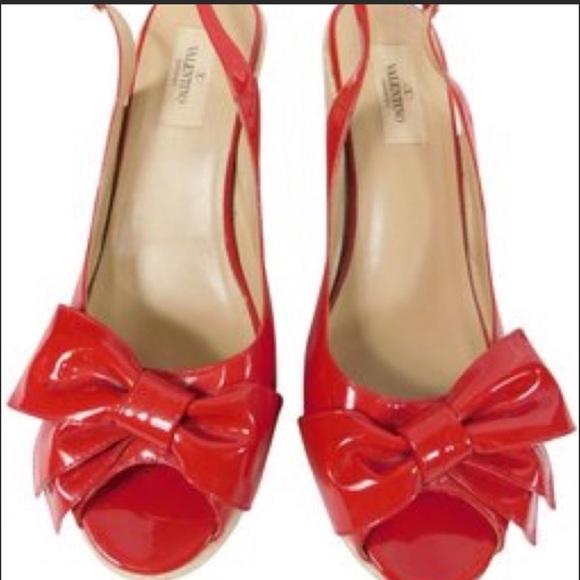 Valentino Red Patent Bow Open Toe Wedge Espadrille - Picture 2 of 9